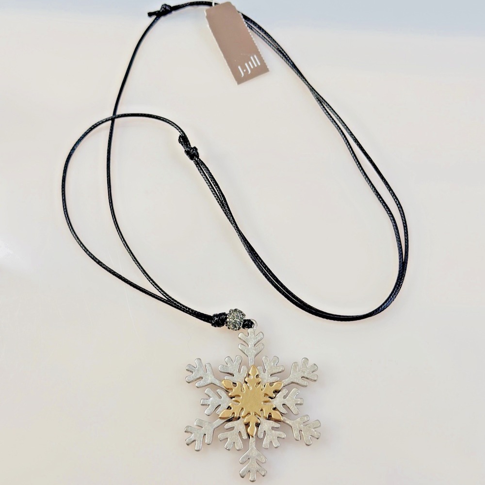 J. Jill Reversible Snowflake Necklace Rhinestone Gold Silver Tone 36"
